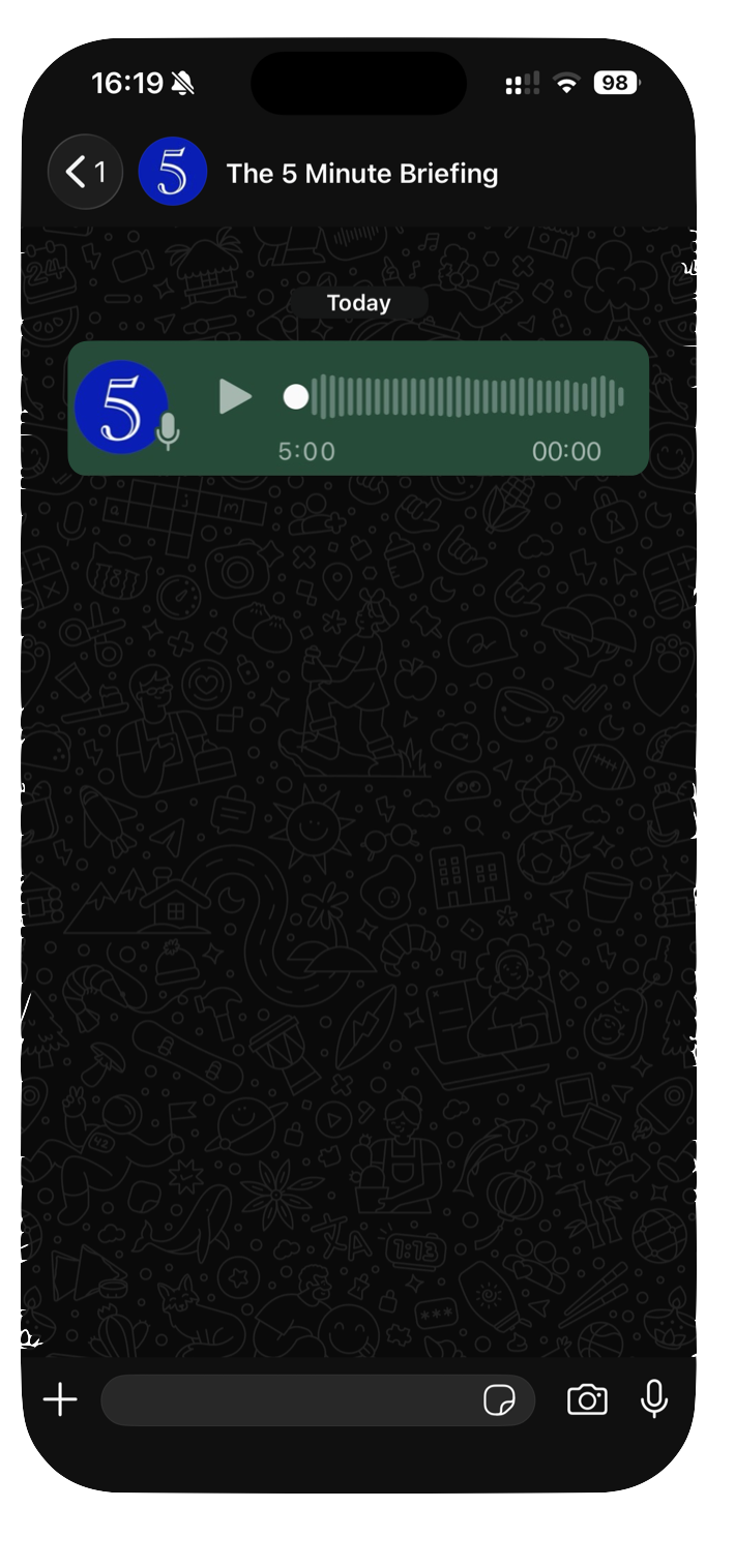 WhatsApp chat with The 5 Minute Briefing showing a five-minute voice message